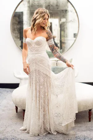 Romantic Simple Off-the-shoulder Sweep Train Long Tulle Beach Bridal Gown Wedding Dresses OHD145