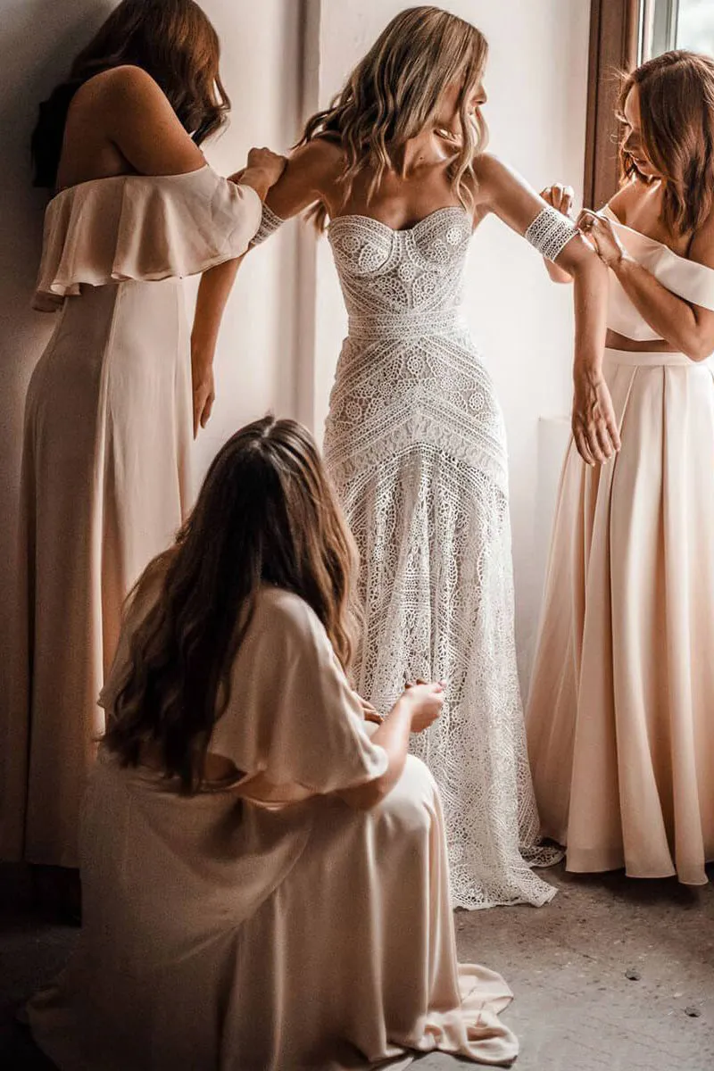 Romantic Simple Off-the-shoulder Sweep Train Long Tulle Beach Bridal Gown Wedding Dresses OHD145