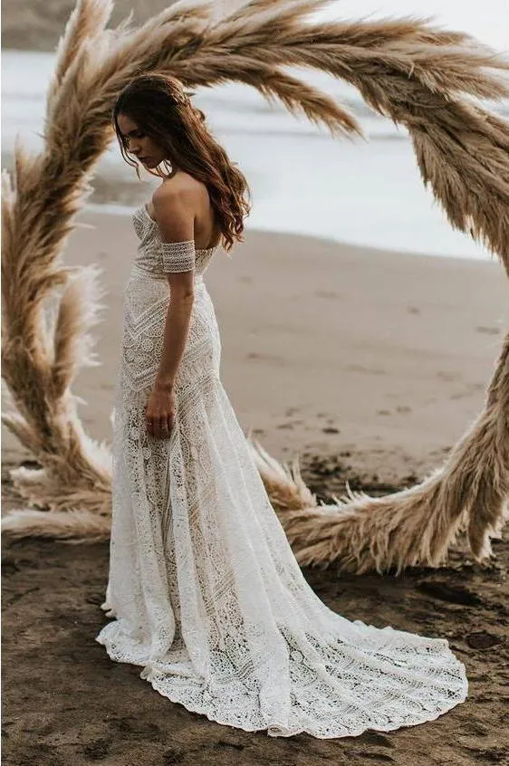 Romantic Simple Off-the-shoulder Sweep Train Long Tulle Beach Bridal Gown Wedding Dresses OHD145