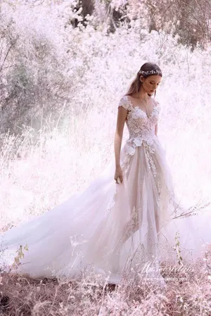 Romantic Tulle Ivory A-line Cap Sleeves Wedding Dresses, Bridal Gown, MW1061