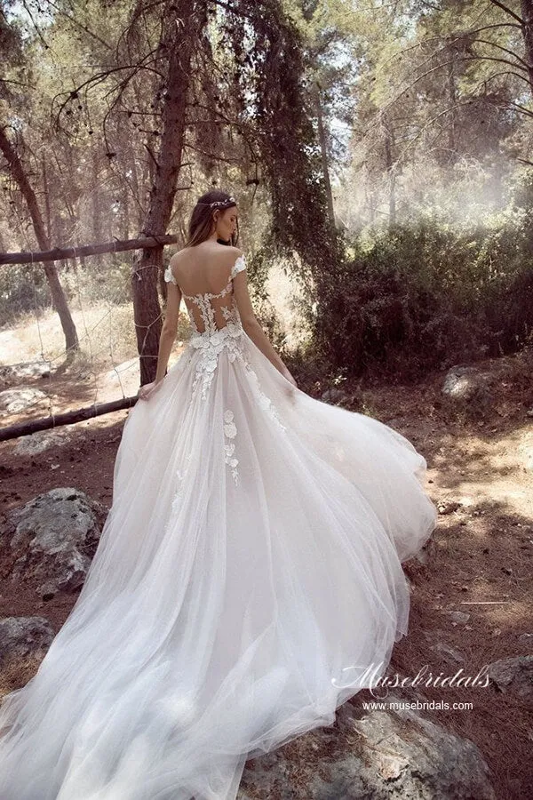 Romantic Tulle Ivory A-line Cap Sleeves Wedding Dresses, Bridal Gown, MW1061