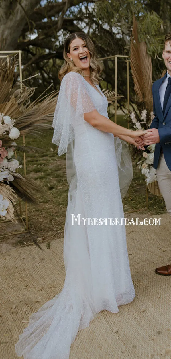 Romantic V-neck Tulle V-back Mermaid Simple Wedding Dresses.WDY0108