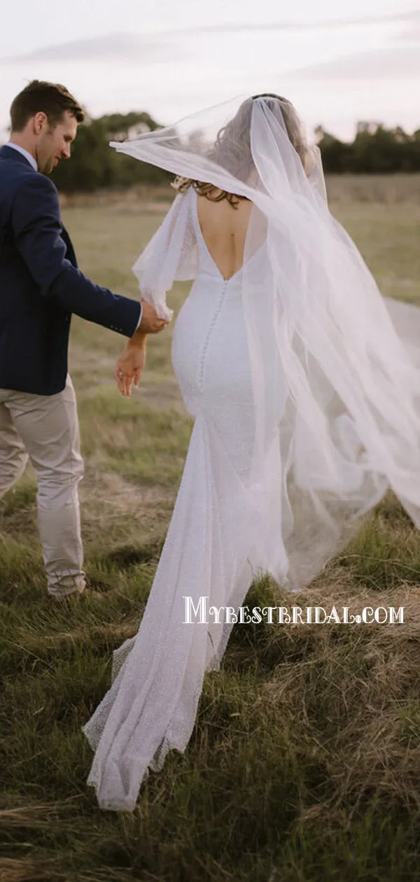 Romantic V-neck Tulle V-back Mermaid Simple Wedding Dresses.WDY0108