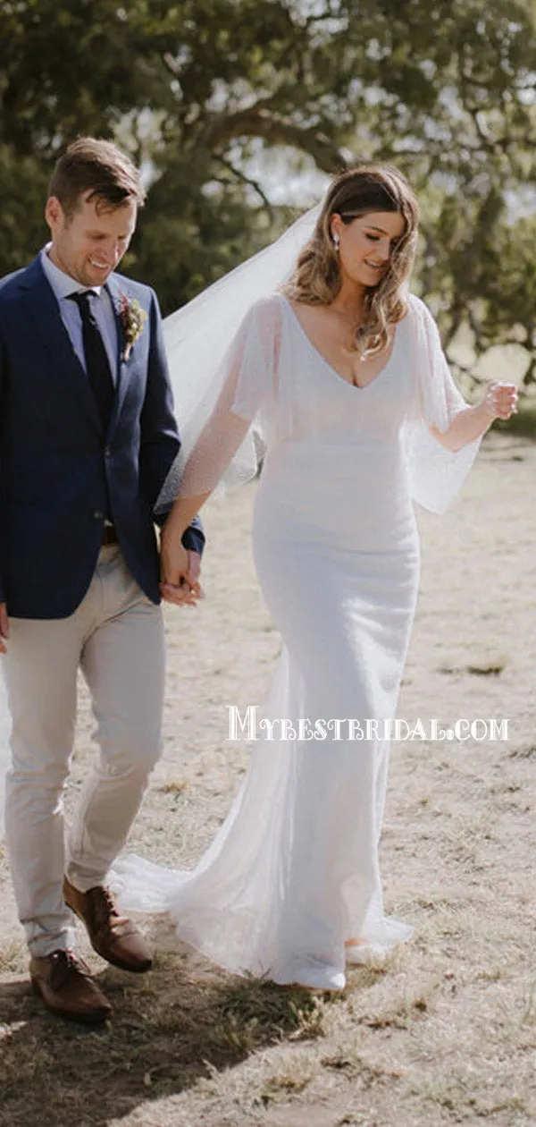 Romantic V-neck Tulle V-back Mermaid Simple Wedding Dresses.WDY0108