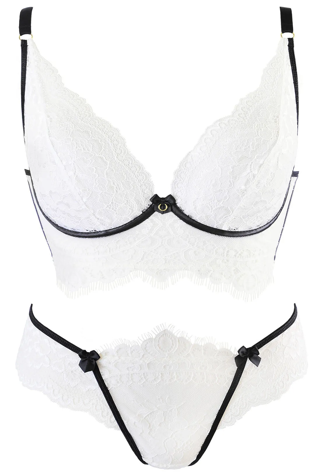 Romantic White & Black Lace Longline Bra Set