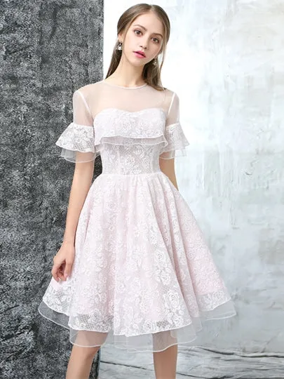 Romantic White Button Lace Short Sleeves Homecoming Dress