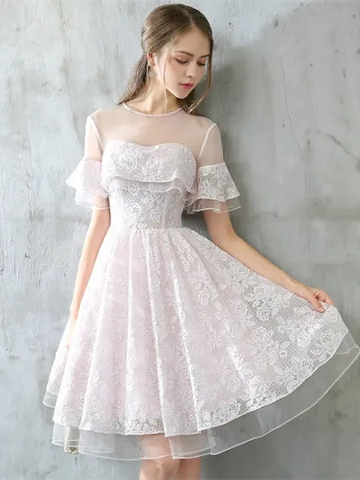 Romantic White Button Lace Short Sleeves Homecoming Dress