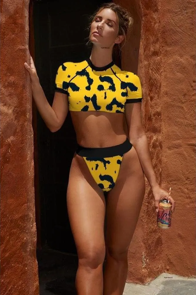 Round Neck Short Sleeve High Waist  Bikini