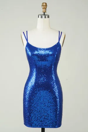 Royal Blue Sheath Spaghetti Straps Tight Sequins Backless Short Homecoming Dress