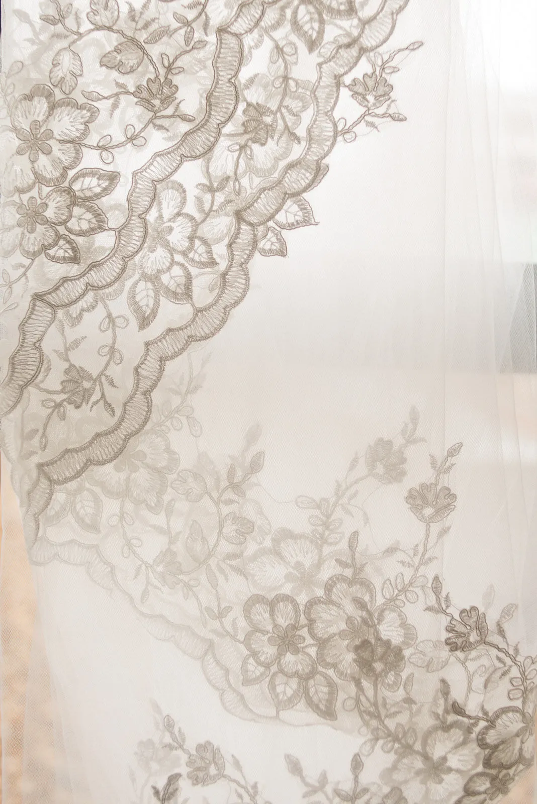 Royal Length Drop Veil with French Lace Trim & Blusher, Off White/ Ivory Lace Wedding Veil
