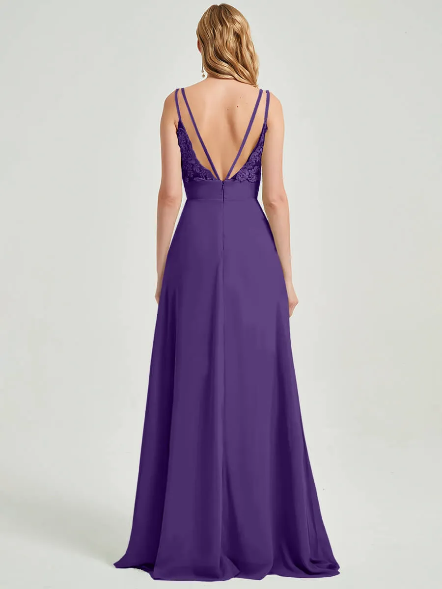 Royal Purple Spaghetti Strap V-Neck Slit Lace Chiffon Bridesmaid Dress