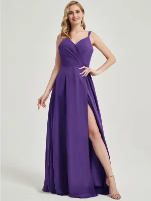 Royal Purple Spaghetti Strap V-Neck Slit Lace Chiffon Bridesmaid Dress