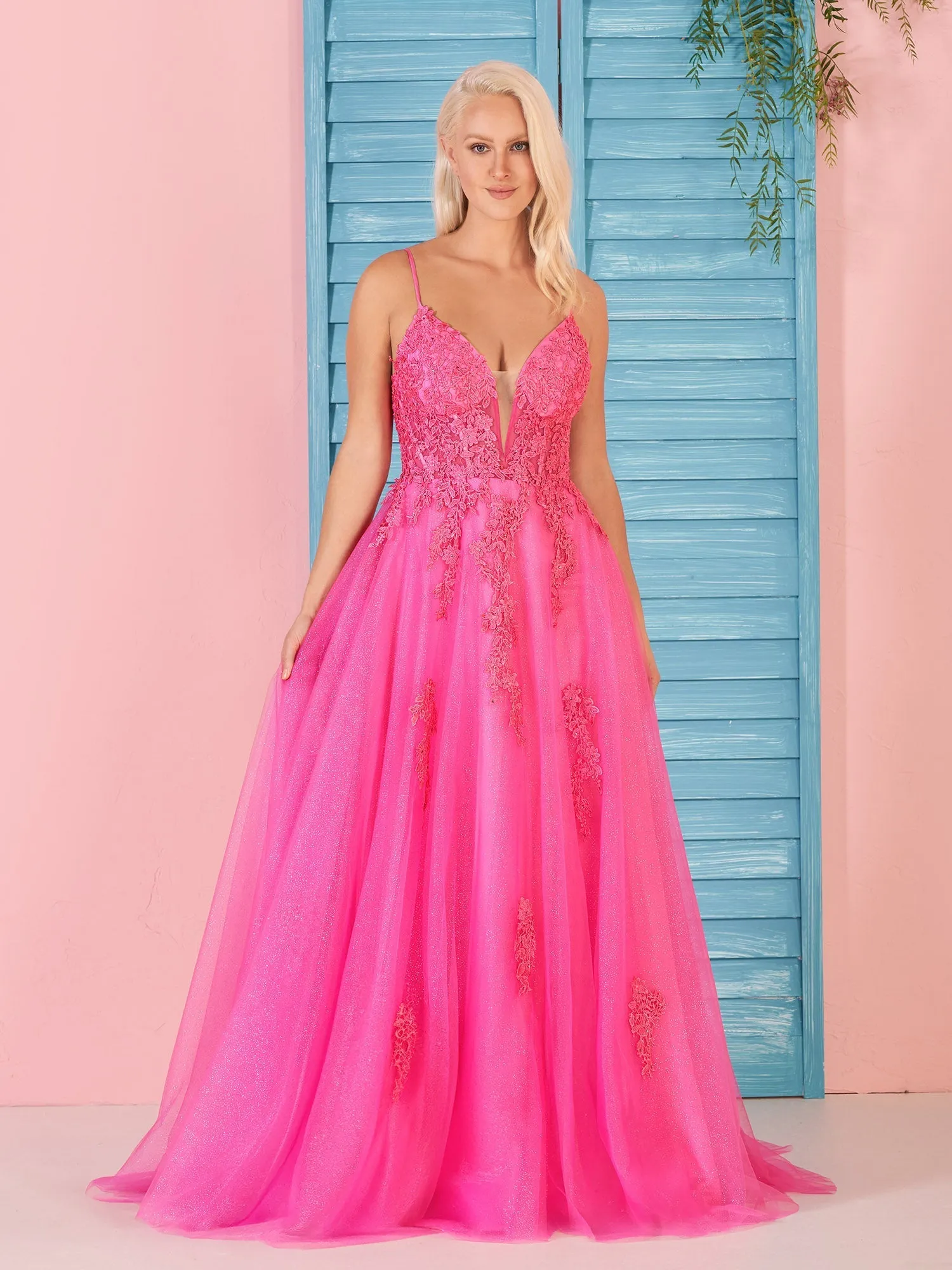 Roycebridal Angelina | A Line V Neck Pink Lace Long Prom Dress