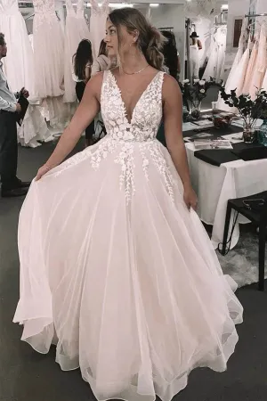 Roycebridal Foral Romantic Deep V-neck Appliqued Backless Bridal Gown Wedding Dress,MW461