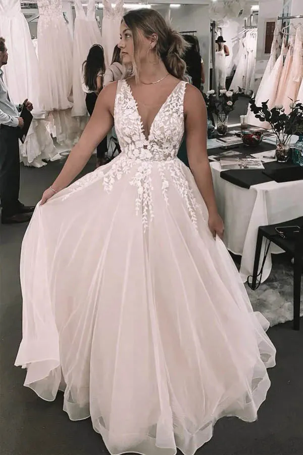 Roycebridal Foral Romantic Deep V-neck Appliqued Backless Bridal Gown Wedding Dress,MW461