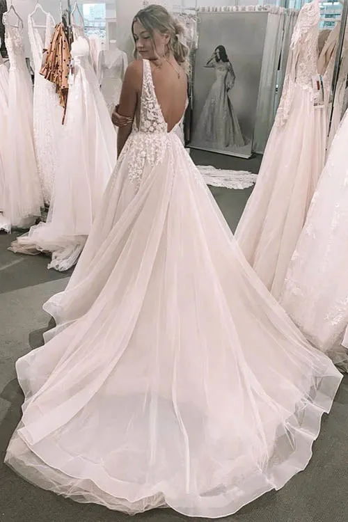 Roycebridal Foral Romantic Deep V-neck Appliqued Backless Bridal Gown Wedding Dress,MW461