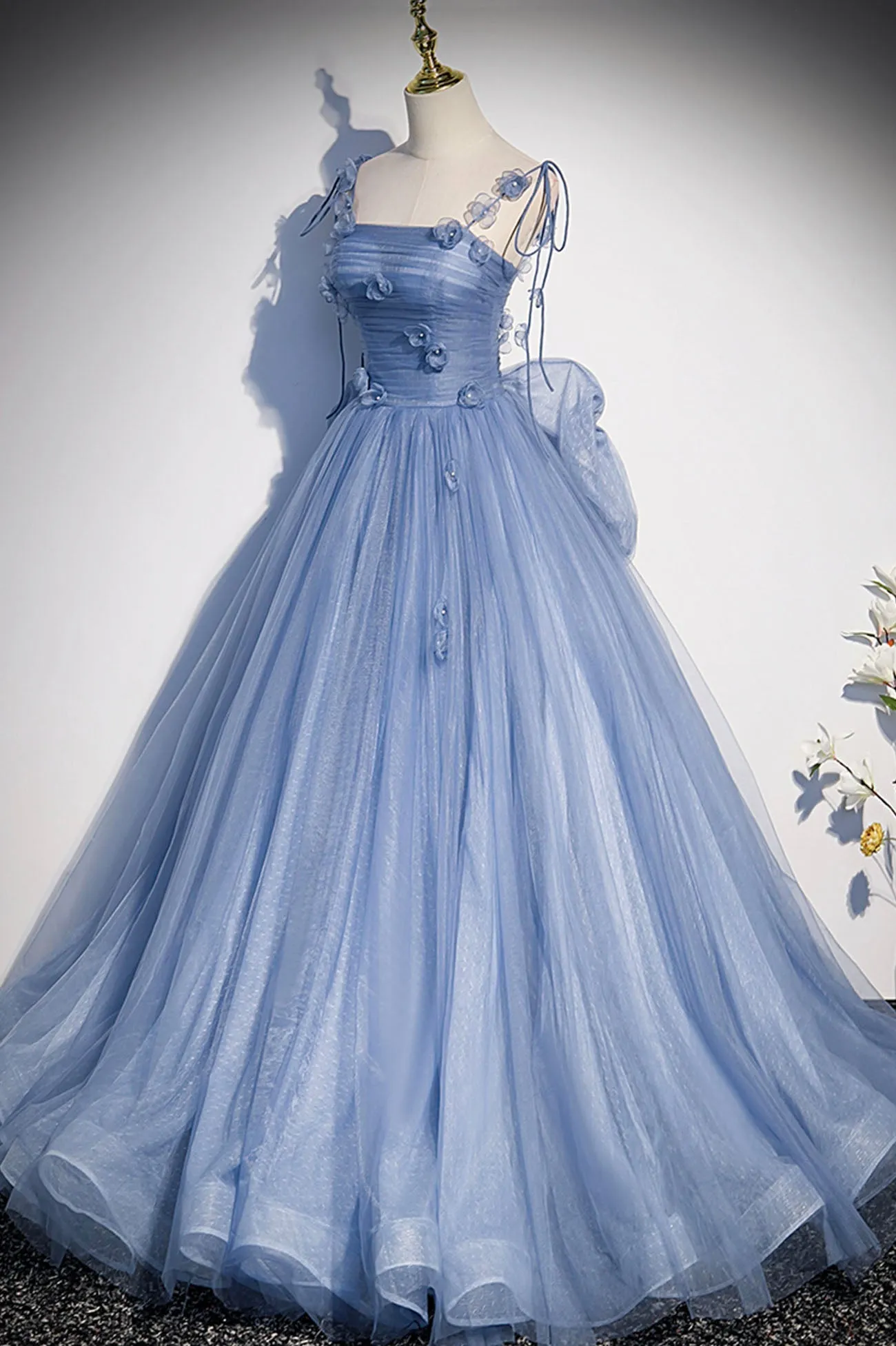 Roycebridal Karla | Blue Tulle Long A-Line Prom Dress Blue Spaghetti Straps Party Dress with Bow
