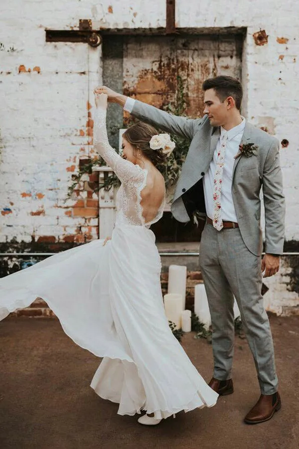 Roycebridal Romantic Boho Long Sleeve Beach Lace Backless Wedding Dress,MW294