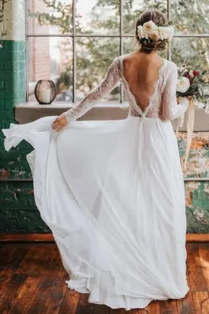 Roycebridal Romantic Boho Long Sleeve Beach Lace Backless Wedding Dress,MW294