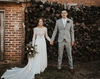 Roycebridal Romantic Boho Long Sleeve Beach Lace Backless Wedding Dress,MW294