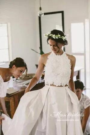 Roycebridal Romantic Lace Top Two Piece Halter Wedding Dresses, Bridal Gown, MW981