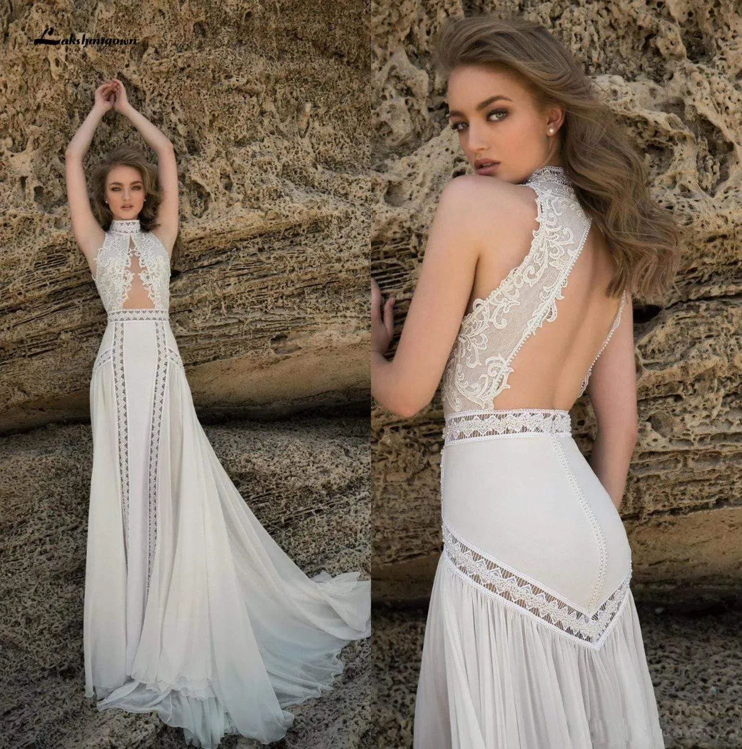 Roycebridal Romantic Mermaid Wedding Dresses High Neck Lace Applique