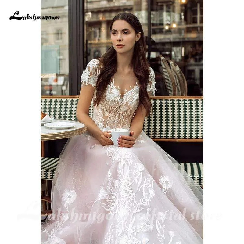 Roycebridal Romantic Shiny tulle Pink Tulle Wedding Dresses