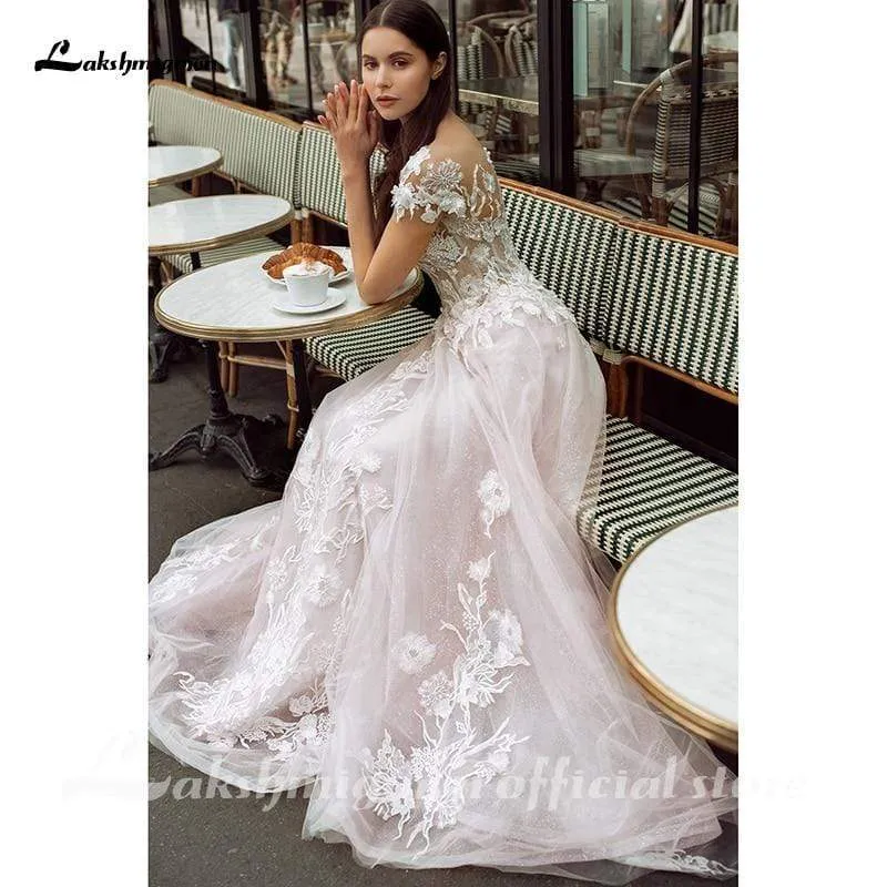 Roycebridal Romantic Shiny tulle Pink Tulle Wedding Dresses