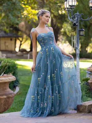 Roycebridal Sweetheart Neck Floor Length Tulle Embroidery Floral Prom Dress