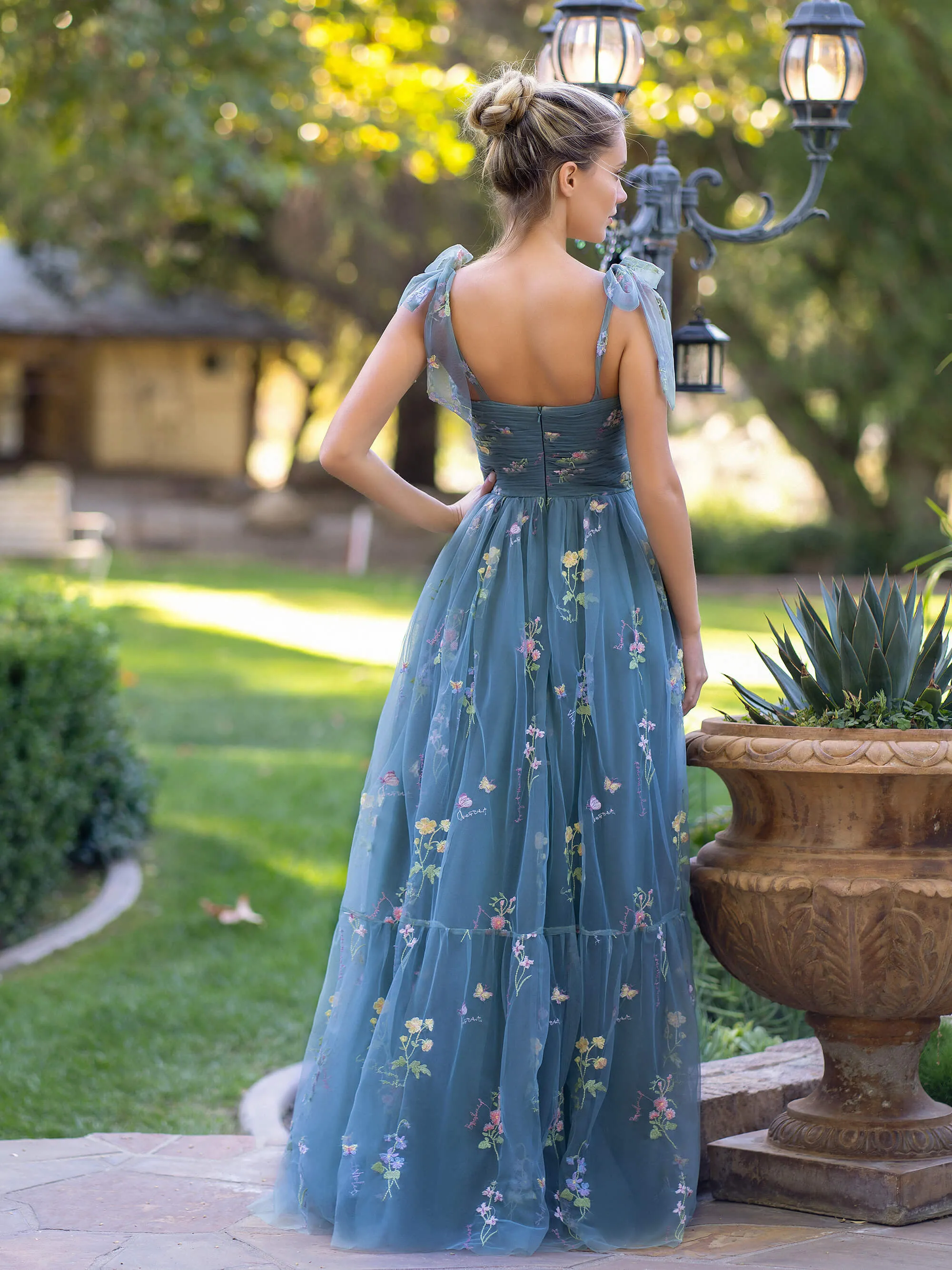 Roycebridal Sweetheart Neck Floor Length Tulle Embroidery Floral Prom Dress