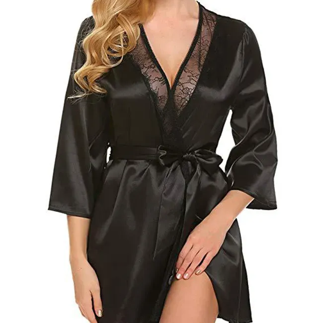 Ruby Glow Lace-Trim Satin Wrap Robe
