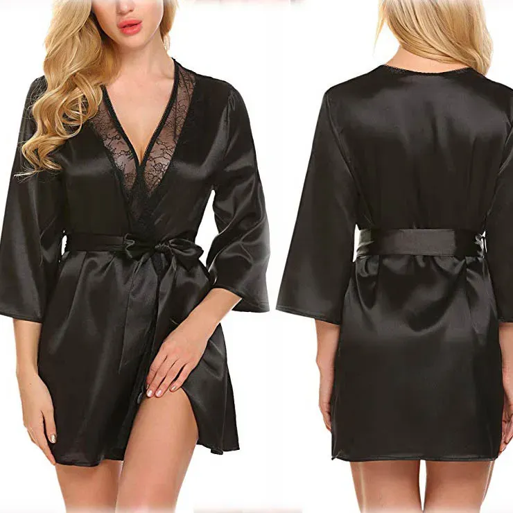 Ruby Glow Lace-Trim Satin Wrap Robe