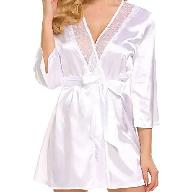 Ruby Glow Lace-Trim Satin Wrap Robe