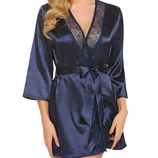 Ruby Glow Lace-Trim Satin Wrap Robe