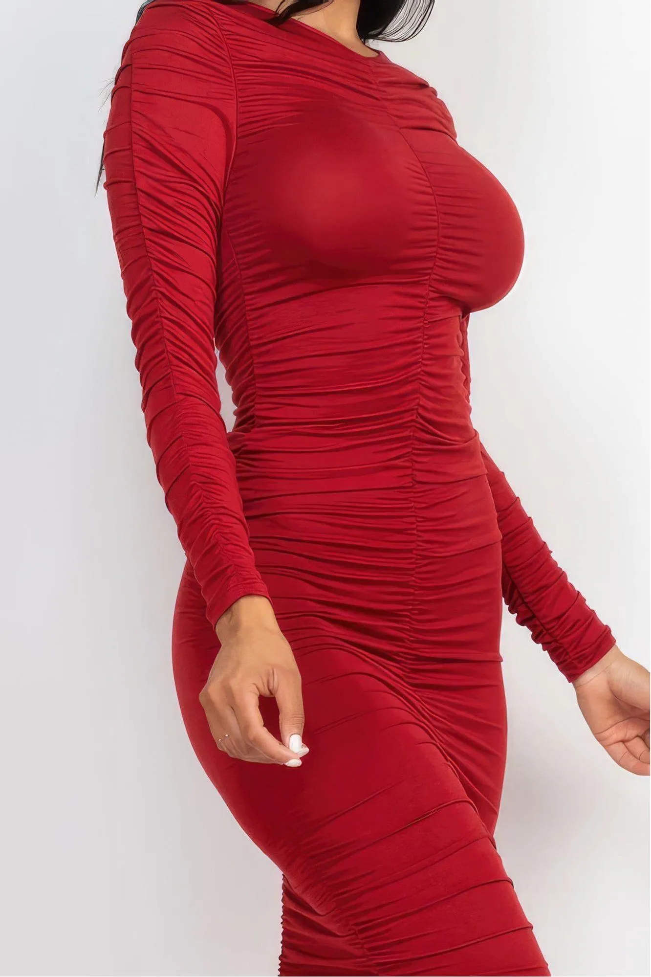 Ruched Long Sleeve Midi Dress