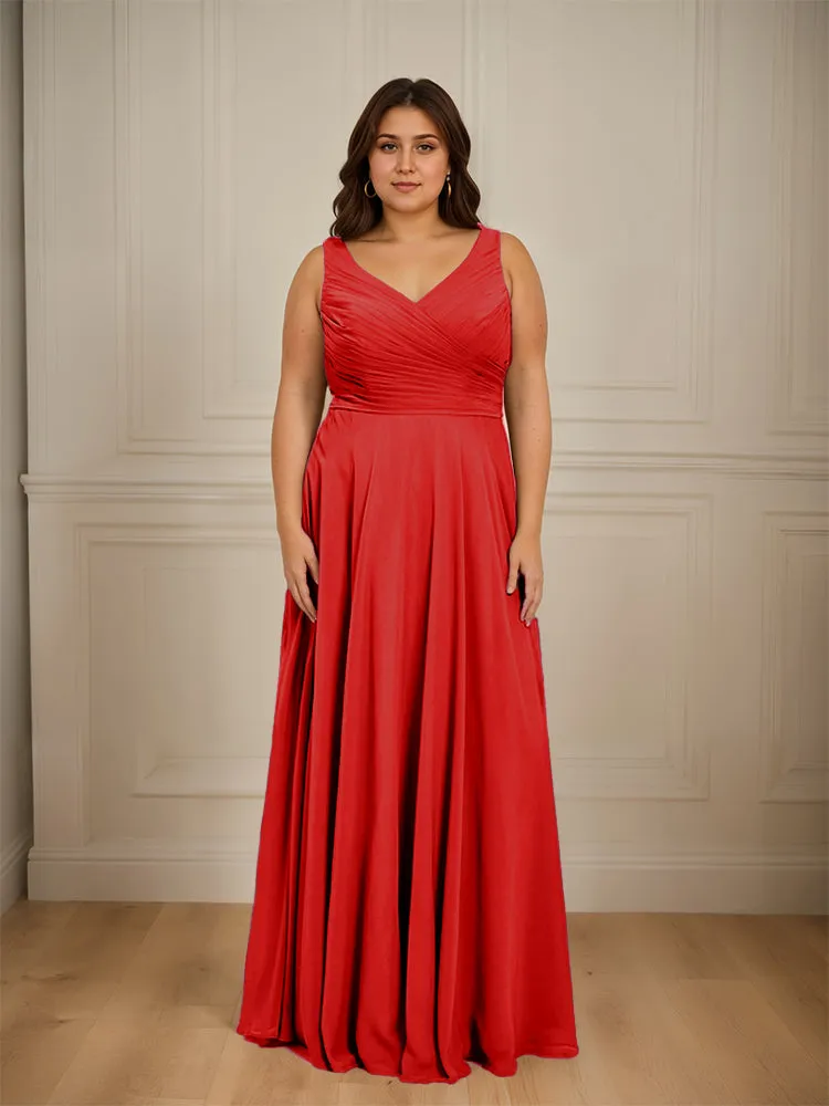 Ruched V Neck Plus Size Floor Length Bridesmaid Dresses