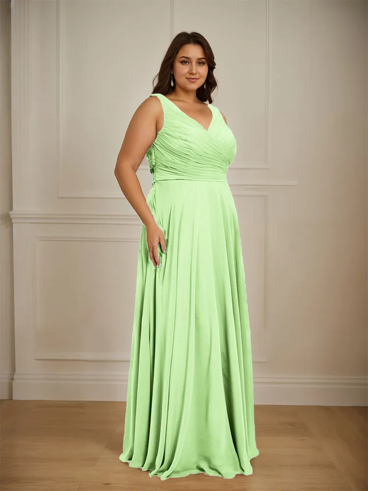 Ruched V Neck Plus Size Floor Length Bridesmaid Dresses