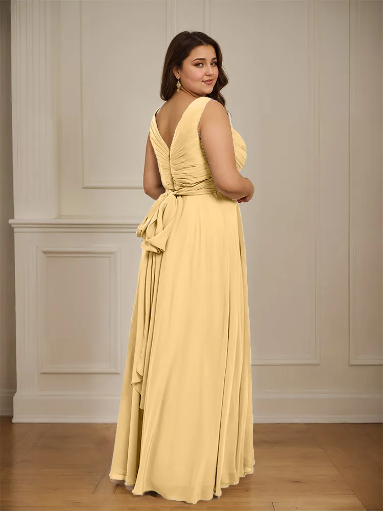 Ruched V Neck Plus Size Floor Length Bridesmaid Dresses
