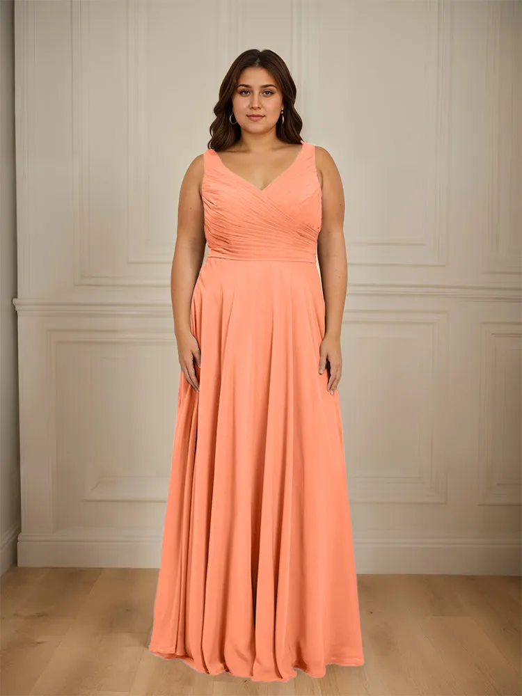 Ruched V Neck Plus Size Floor Length Bridesmaid Dresses