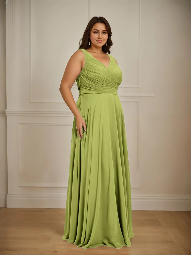 Ruched V Neck Plus Size Floor Length Bridesmaid Dresses