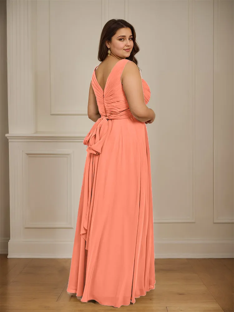 Ruched V Neck Plus Size Floor Length Bridesmaid Dresses