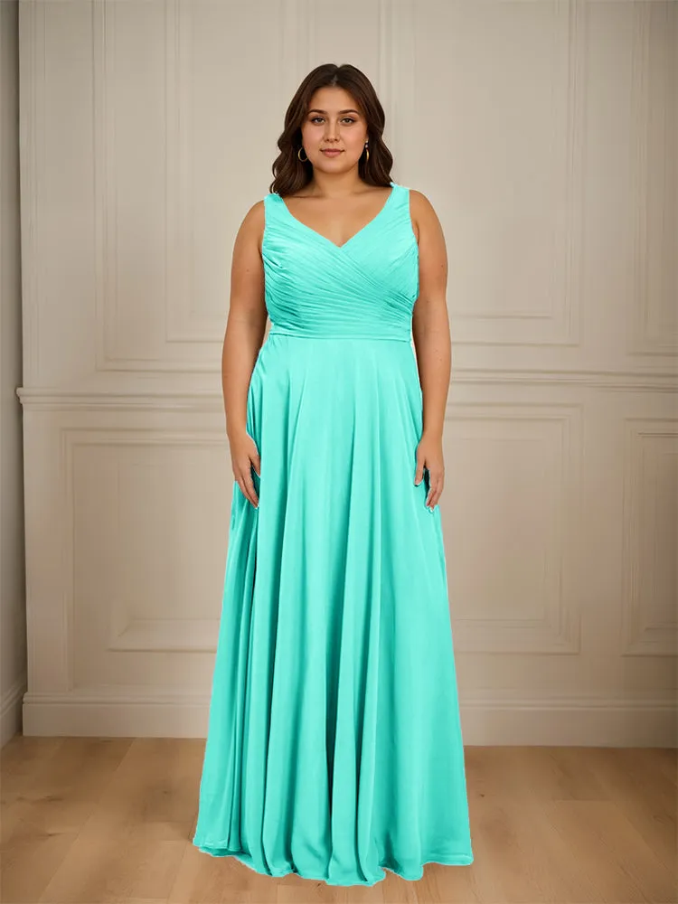 Ruched V Neck Plus Size Floor Length Bridesmaid Dresses