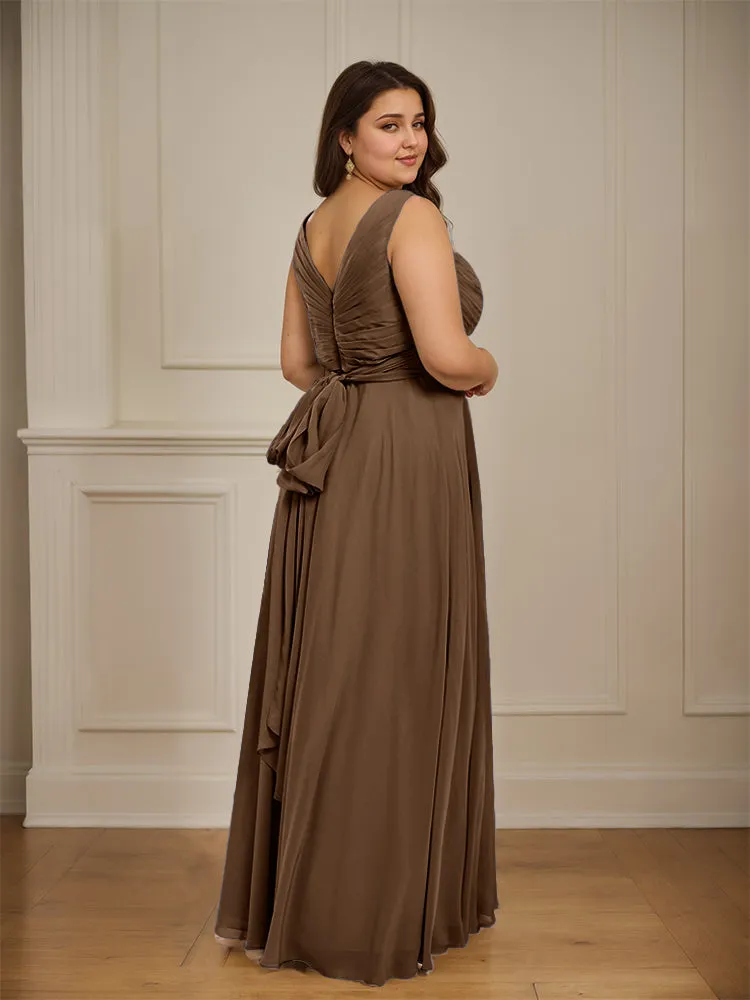 Ruched V Neck Plus Size Floor Length Bridesmaid Dresses