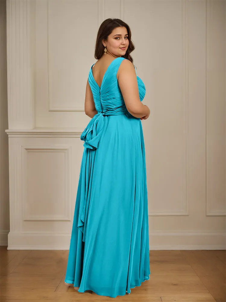 Ruched V Neck Plus Size Floor Length Bridesmaid Dresses