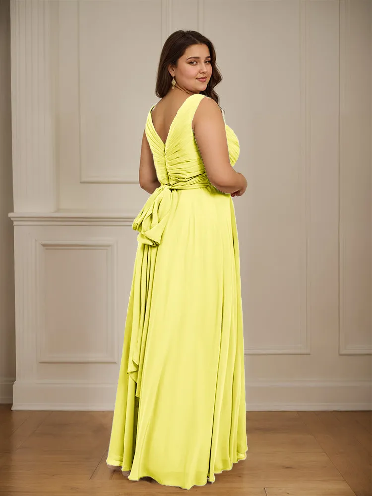 Ruched V Neck Plus Size Floor Length Bridesmaid Dresses
