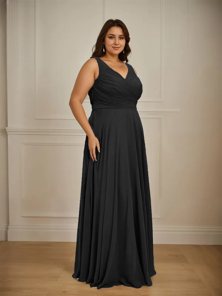 Ruched V Neck Plus Size Floor Length Bridesmaid Dresses
