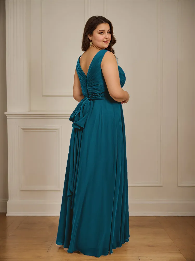 Ruched V Neck Plus Size Floor Length Bridesmaid Dresses