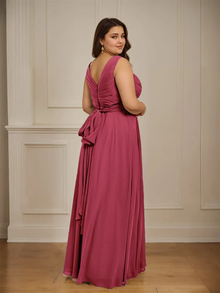 Ruched V Neck Plus Size Floor Length Bridesmaid Dresses