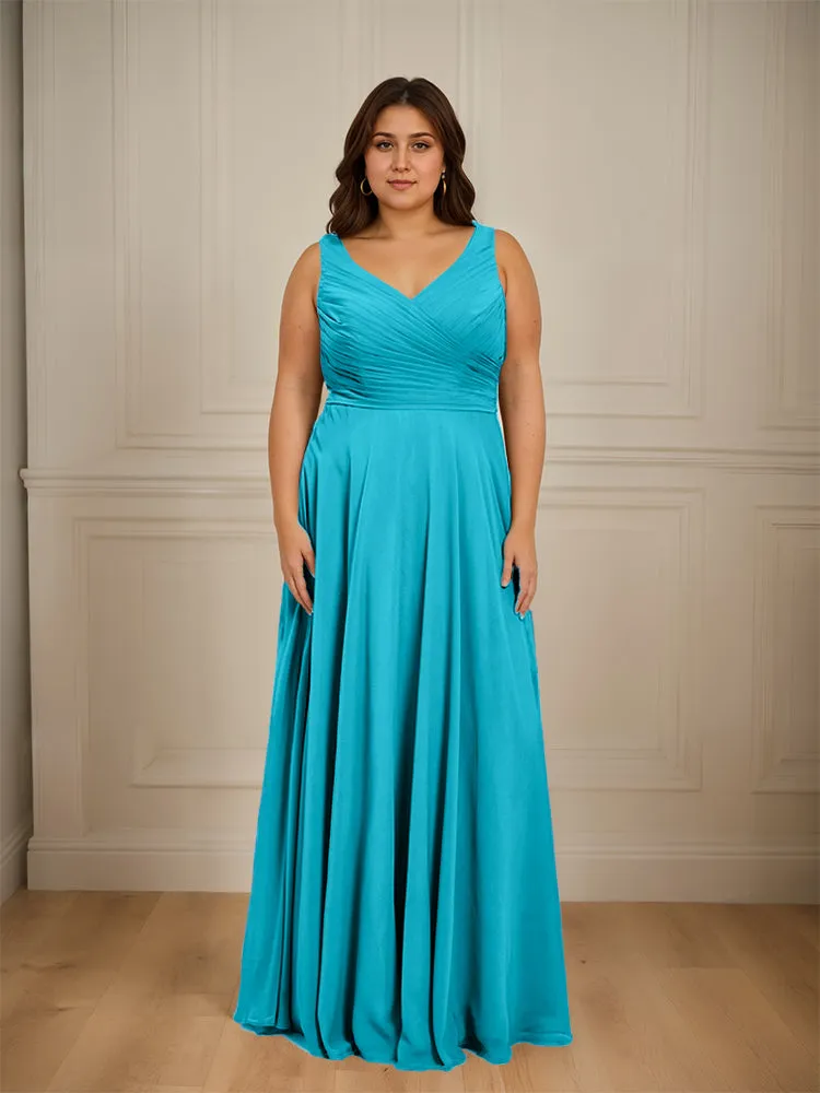 Ruched V Neck Plus Size Floor Length Bridesmaid Dresses