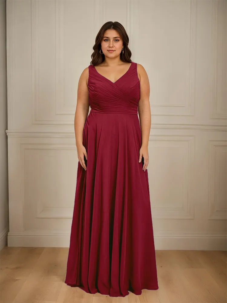 Ruched V Neck Plus Size Floor Length Bridesmaid Dresses